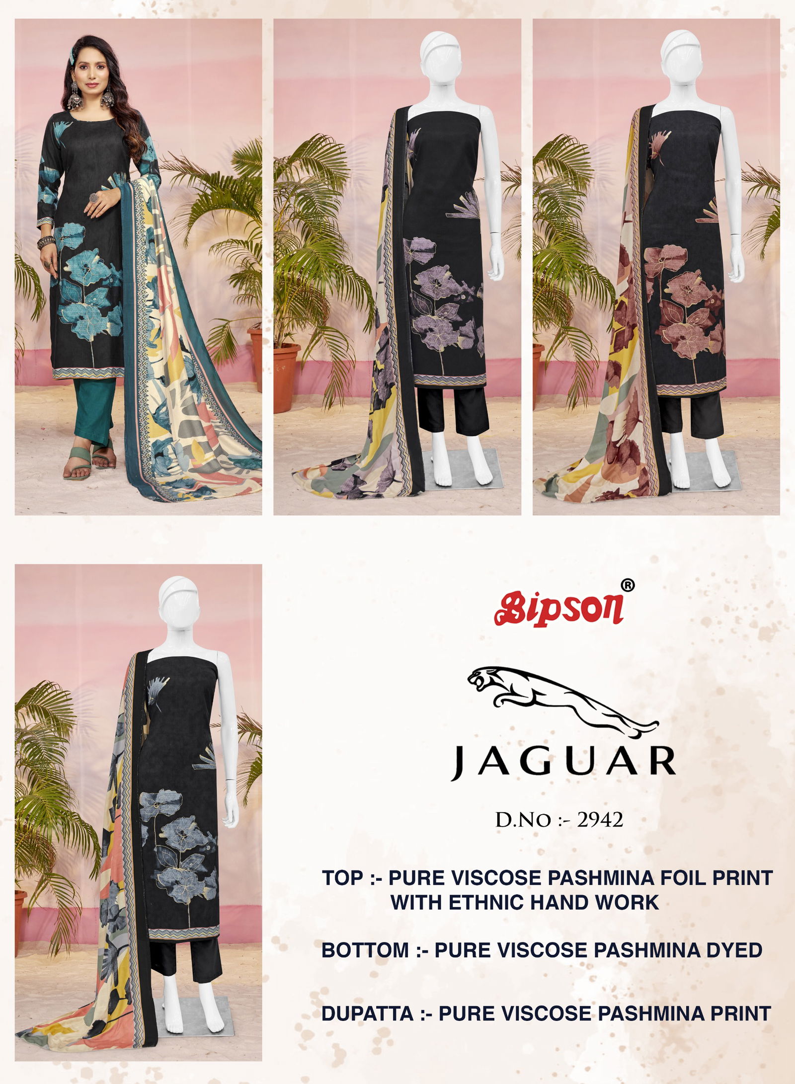 Jaguar 2941 By Bipson Viscose Pashmina Printed Dress Material Wholesale Shop In Surat